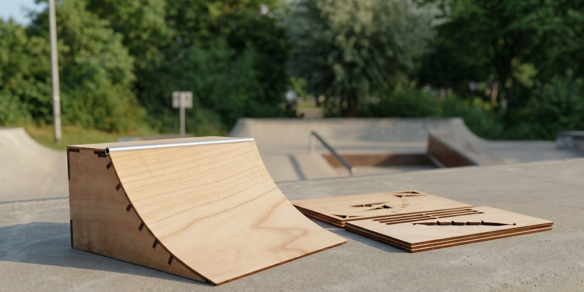 DIY wooden fingerboard quarter pipe kit with laser-cut wooden construction sheets at a skatepark